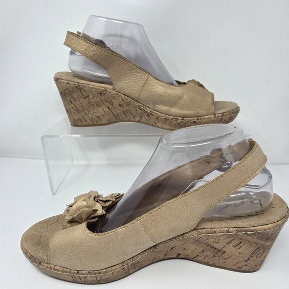 BOC Born Leather Slingback Dandee Bronze Wedge Sandals Flower Cork Cushion Sz 11 - Picture 2 of 14